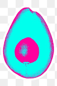 Hand drawn funky avocado halftone style sticker overlay with a white border