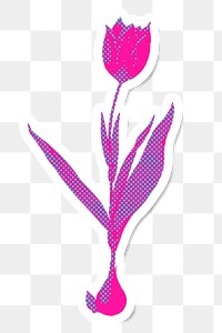 Hand drawn funky tulip flower halftone style sticker overlay with a white border