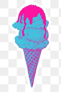 Hand drawn funky ice cream cone halftone style sticker overlay with a white border