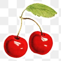 Halftone red cherry sticker with a white border