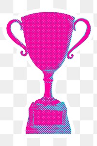 Hand drawn funky trophy halftone style sticker overlay with a white border