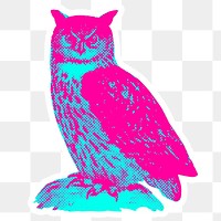 Hand drawn funky owl halftone style sticker overlay with a white border