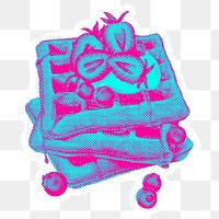 Hand drawn funky waffles halftone style sticker overlay with a white border