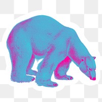 Hand drawn funky polar bear halftone style sticker overlay with a white border