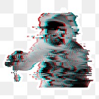 Astronaut in a spacesuit glitch style sticker overlay with a white border 