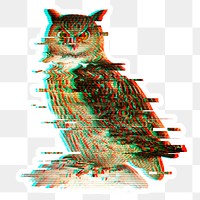 Owl glitch style sticker overlay with a white border