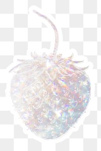 Sparkling silvery strawberry holographic style sticker design element with white border