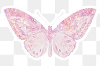 Pink holographic Ornithoptera priamus butterfly sticker with white border