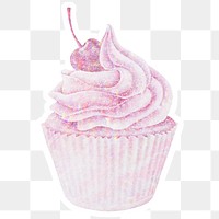 Pink holographic cherry cupcake sticker with white border