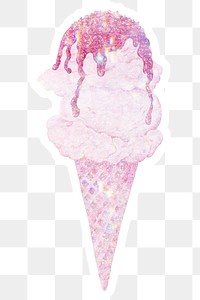 Pink holographic ice cream cone sticker with white border