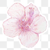 Pink holographic hibiscus flower sticker with a white border