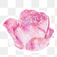 Pink holographic blooming rose sticker with a white border