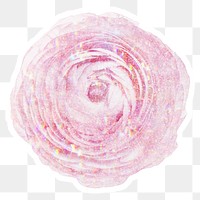 Pink holographic ranunculus sticker with a white border