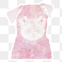 Pink holographic pug puppy sticker with a white border
