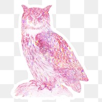 Pink holographic Eurasian eagle-owl sticker with a white border