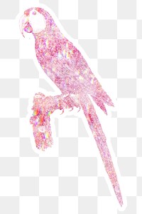 Pink holographic macaw sticker with a white border