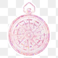Pink holographic compass sticker with a white border