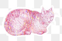 Pink holographic cat sticker with a white border