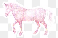 Pink holographic horse sticker with a white border