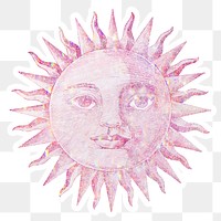 Pink holographic sun with a face sticker with a white border