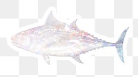 Silvery holographic tuna fish sticker with a white border