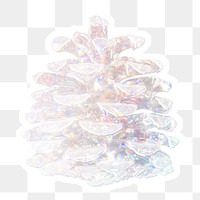 Silvery holographic pine cone sticker with a white border