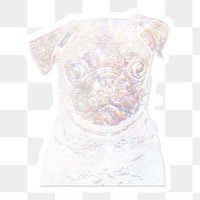 Silvery holographic pug puppy sticker with a white border