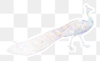 Silvery holographic peacock sticker with a white border