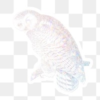 Silvery holographic snowy owl sticker with a white border
