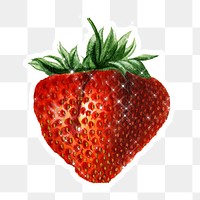 Hand drawn sparkling ripe strawberry sticker with white border