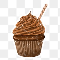 Hand drawn sparkling chocolate cupcake sticker with white border