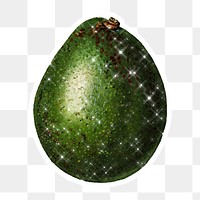 Hand drawn sparkling avocado fruit sticker with white border