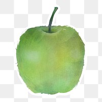 Hand drawn green apple watercolor style sticker with white border