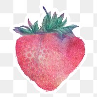 Hand drawn strawberry watercolor style sticker with white border