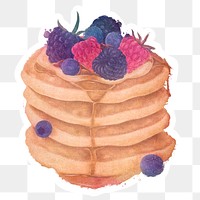 Hand drawn stack of pancakes topped with berries watercolor style sticker with white border