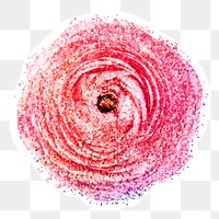 Glittery pink ranunculus flower sticker overlay with a white border design element