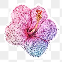 Glittery hibiscus flower sticker overlay with a white border design element