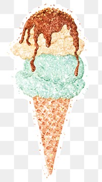 Glittery ice cream scoops in a cone sticker overlay with a white border design element 