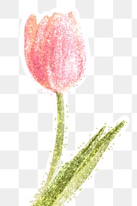 Glittery tulip flower sticker overlay with a white border design element