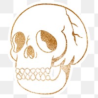Glittery gold skull sticker with a white border