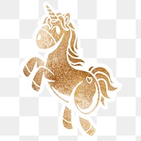 Shimmering golden unicorn sticker overlay with a white border design element
