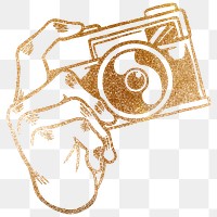 Shimmering golden analog camera sticker overlay design element 
