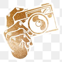 Shimmering golden analog camera sticker overlay design element 