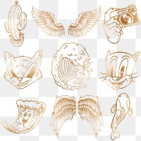 Shimmering golden cartoon sticker collection design resource