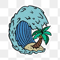 Ocean waves with coconut tree sticker with white border design element