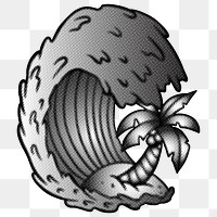 Black and white ocean wave with a coconut tree sticker design element