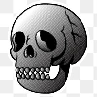 Gray halftone skull sticker with a white border
