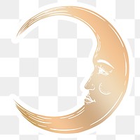 Golden crescent moon face sticker overlay with a white border design element