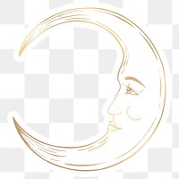 Golden crescent moon face sticker overlay with a white border design element