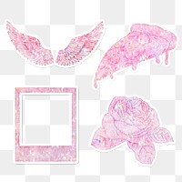 Cute pink holographic sticker set design elements 